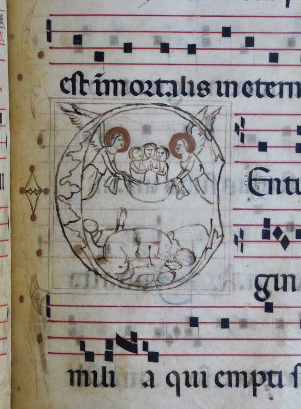 Scriptorium padovano sec. XIV-XV, Iniziale C con anime di santi portate in cielo