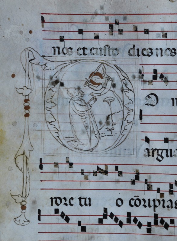 Scriptorium padovano sec. XIV-XV, Iniziale D con angelo con spada e uomo