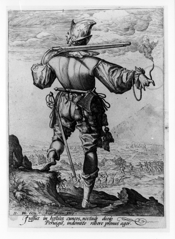 De Gheyn J. II (1587), Moschettiere con morione