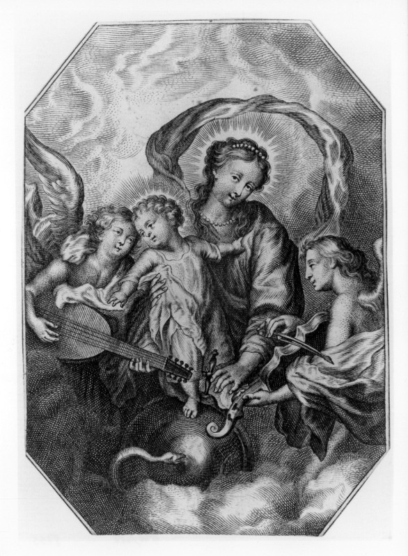Ambito fiammingo seconda metà sec. XVII, Madonna col Bambino e angeli musicanti