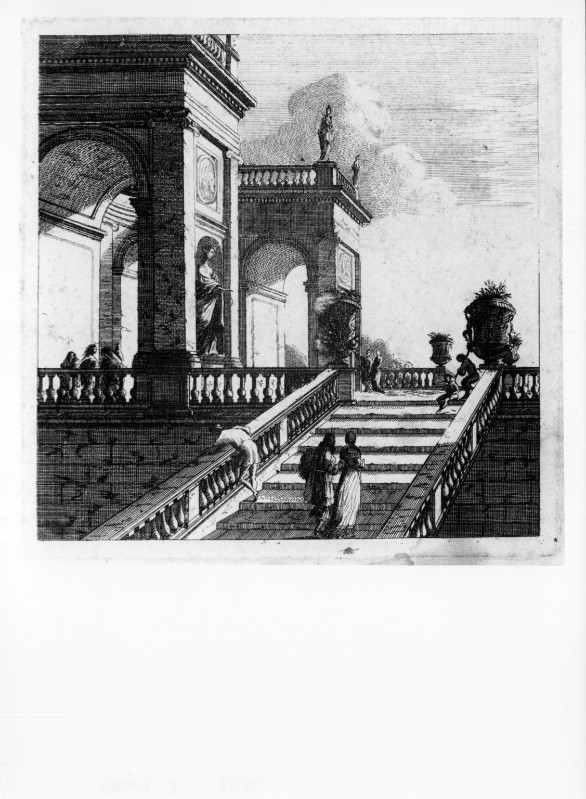 Attribuito a Baur J. W. prima metà sec. XVII, Veduta di palazzo con scalone
