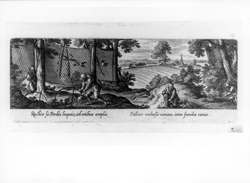 Galle P. (1582), Caccia alla pernice con reti tese fra gli alberi