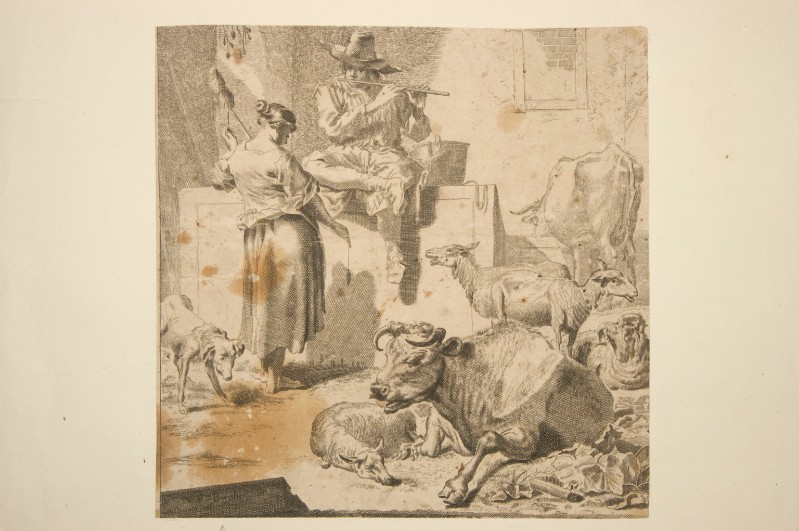 Ambito fiammingo seconda metà sec. XVII, Pastore con filatrice e animali