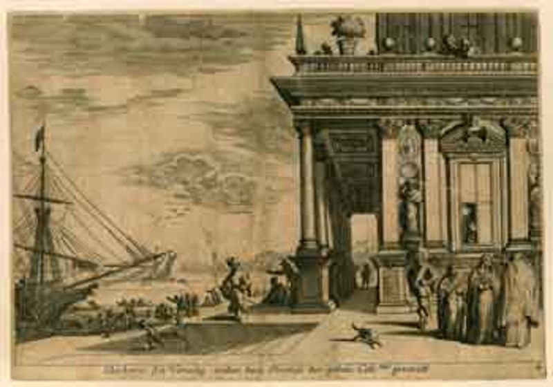 Küsel M. seconda metà sec. XVII, Sbarco a Venezia presso un palazzo porticato