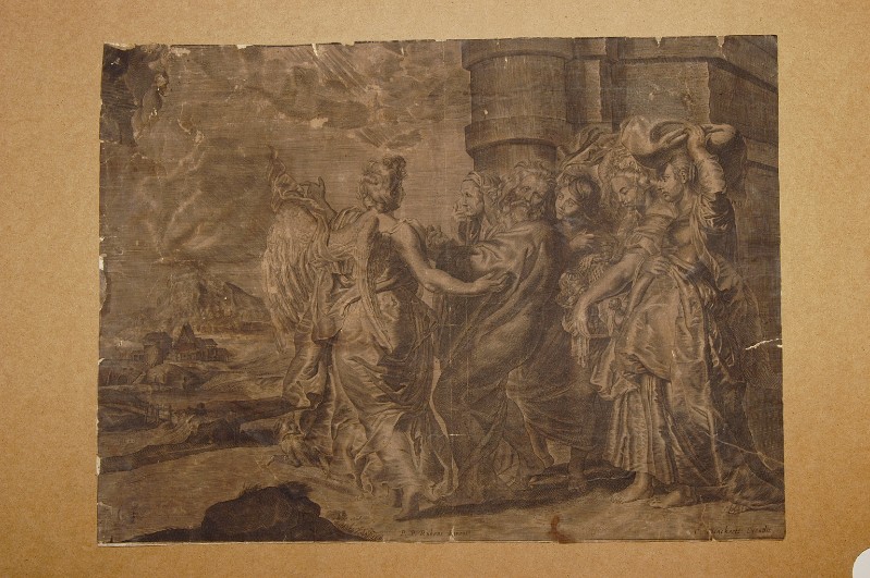 Ambito fiammingo (?) sec. XVII, Lot e la famiglia fuggono da Sodoma