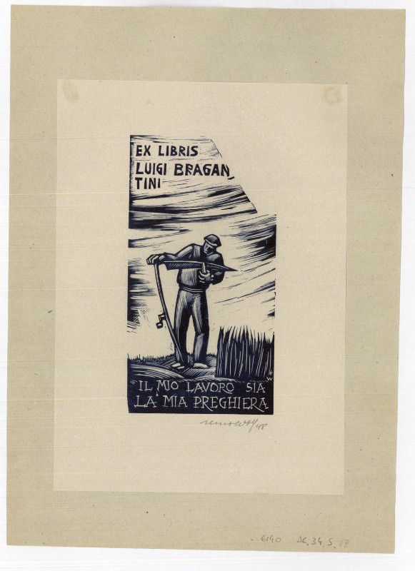 Wolf R. (1948), Ex libris di L. Bragantini con contadino con falce