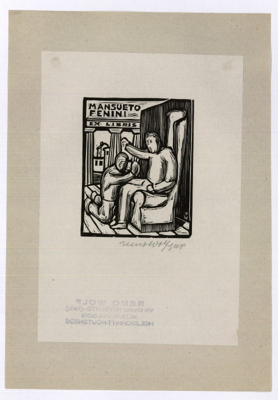 Wolf R. (1948), Ex libris di M. Fenini con uomo inginocchiato