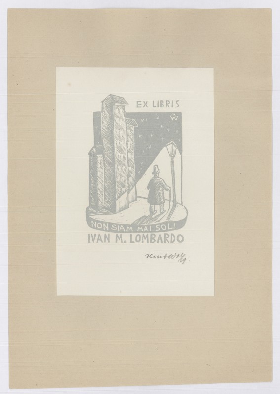 Wolf R. (1939), Ex libris di I. M. Lombardo con uomo e palazzo