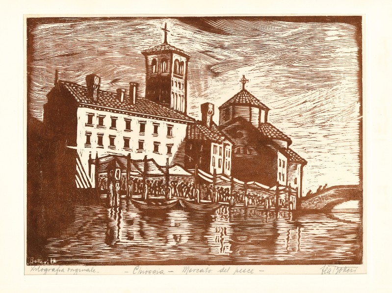 Botteri L. (1946), Veduta di Chioggia con mercato del pesce