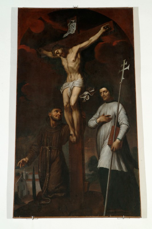 Ambito veneto sec. XVII, Crocifissione e i Santi Francesco e Lorenzo Giustiniani