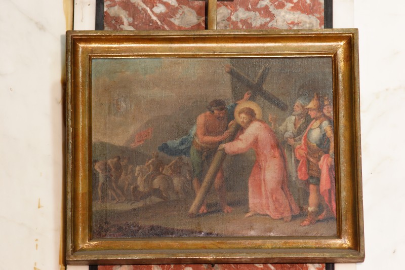 Ambito napoletano sec. XVIII, Gesù Cristo caricato della croce in olio su tela