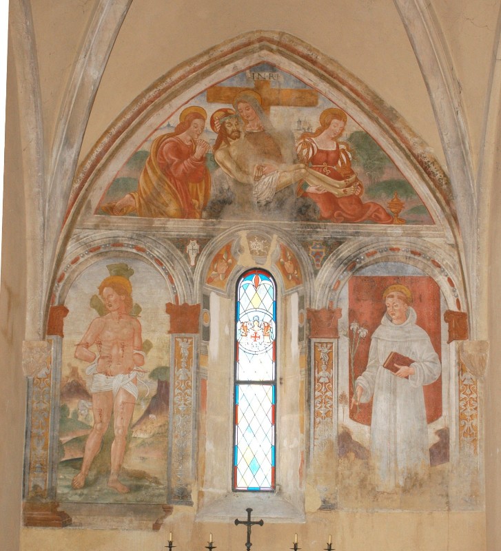 Bottega abruzzese sec. XVI, Dipinto Pietà e S. Sebastiano e S. Antonio da Padova