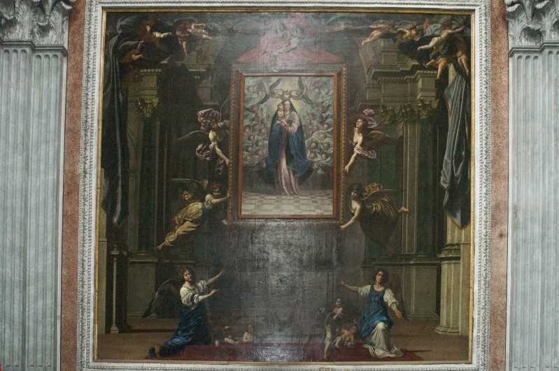 Caselli F.M. sec. XVII, Angeli reggicornice in olio su tela
