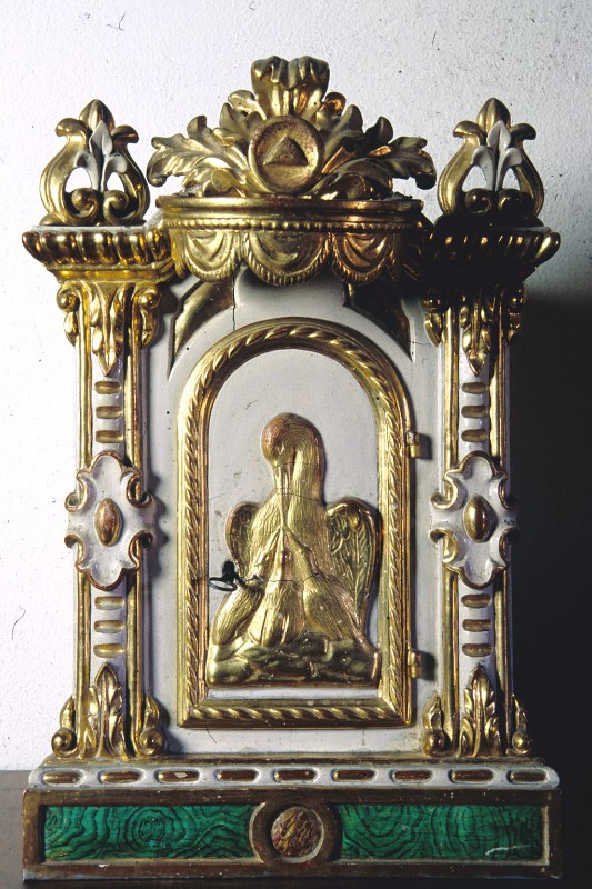 Bottega romagnola sec. XVII, Mostra di tabernacolo con pellicano