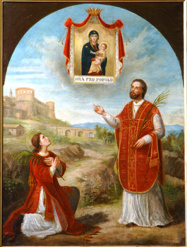 Ambito romano sec. XX, Sant'Agapito e Santa Giustina in adorazione della Madonna
