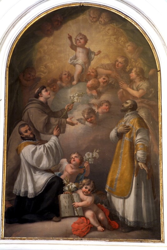 Ambito napoletano sec. XVIII, Gesù Bambino e santi in olio su tela