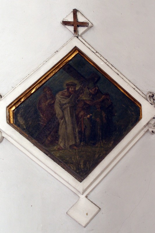 Ambito napoletano sec. XIX, Gesù Cristo aiutato dal cireneo in olio su tela