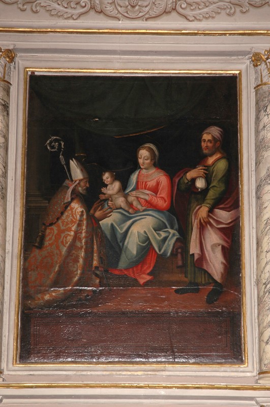 Ambito lombardo sec. XVII, Madonna con Gesù Bambino e i Santi Patrizio e Omobono