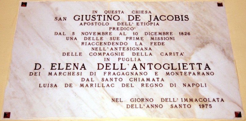 Ambito pugliese (1975), Lapide commemorativa S. Giustino de Jacobis