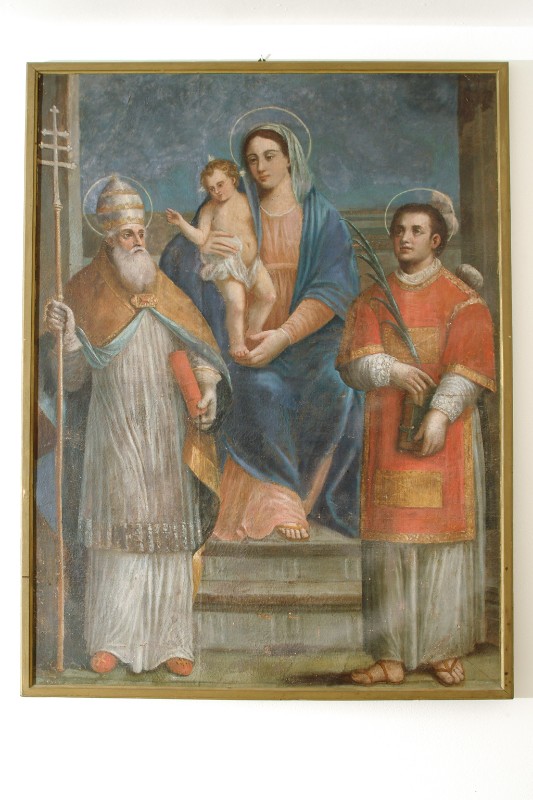 Ambito veneto sec. XVI, Madonna con Gesù Bambino e i Santi Clemente e Stefano