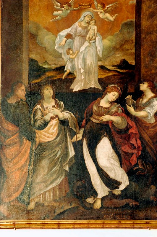 Bott. italiana sec. XVI, Dipinto Madonna con Gesù Bambino in gloria e Santi