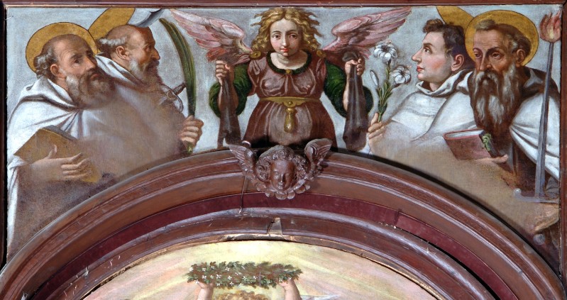Ambito romano sec. XVII, Angelo con scapolari e santi carmelitani