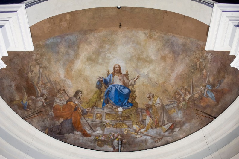Bottega toscana sec. XIX, Gesù Cristo in trono con santi e l'eucarestia dipinto