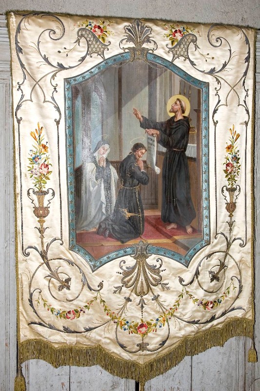 Manifattura italiana sec. XX, Stendardo bianco con San Francesco d'Assisi