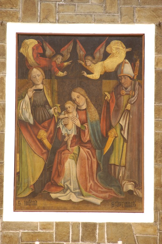 Ambito tedesco inizio sec. XVI, Madonna col Bambino in trono e due santi