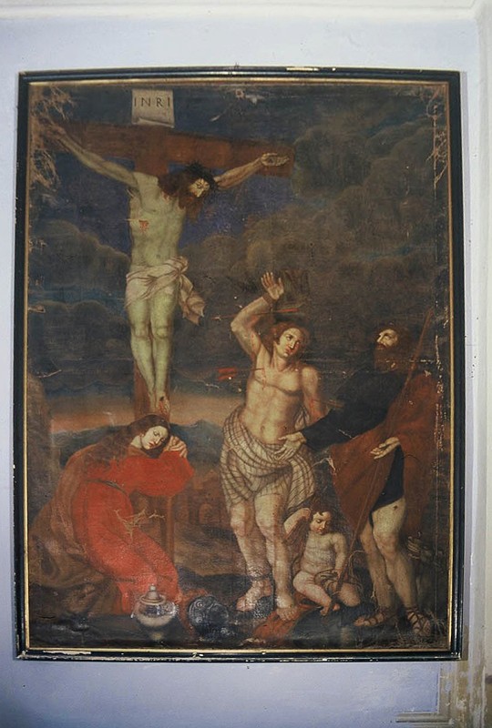 Ambito marchigiano sec. XVII, Crocifisso con Maddalena San Sebastiano San Rocco