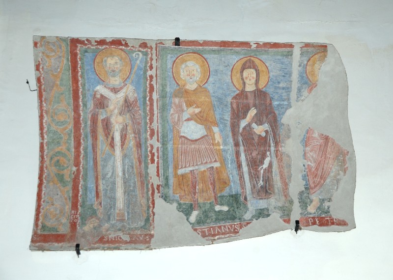 Ambito romano sec. XII, Dipinto con SS. Nicola Sebastiano Egidio e Pietro