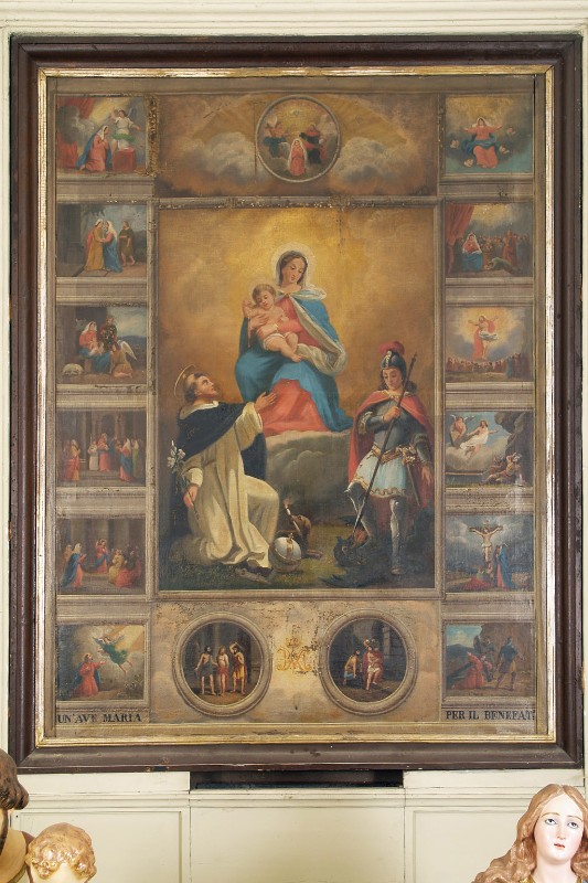Ambito emiliano sec. XVII, Dipinto con Madonna con Bambino Santi e Misteri