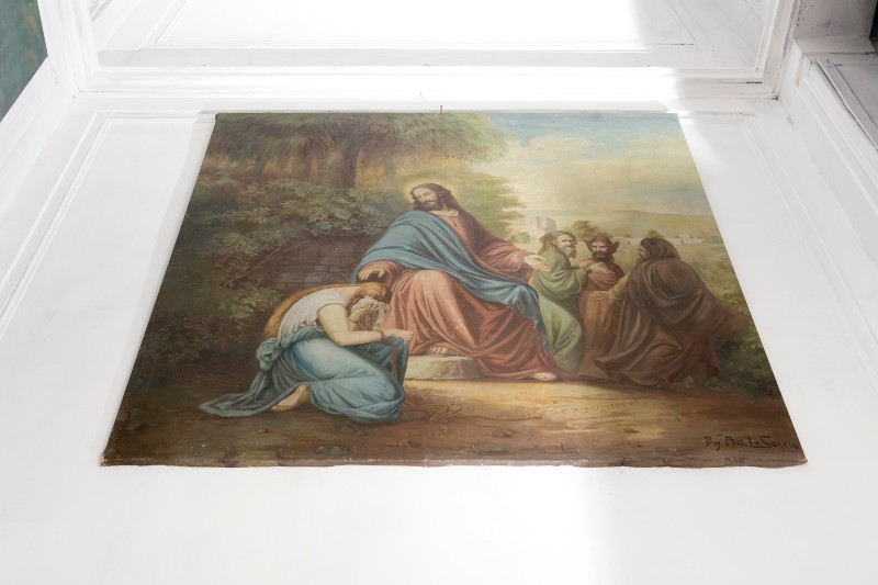 Lo Cascio A. sec. XX, Gesù Cristo e l'adultera in olio su tela