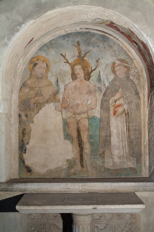 Bott. laziale sec. XV, San Sebastiano con San Pietro martire e Sant'Antonio