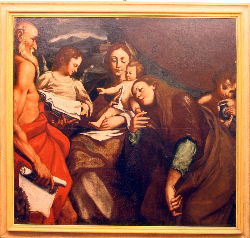 Ambito emiliano sec. XVI, Dipinto Madonna con Bambino con San Gerolam