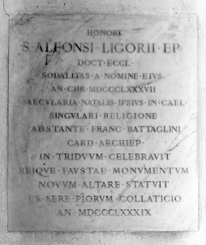 Bott. bolognese (1889), Lapide commemorativa confraternita di S. Alfonso Liguori