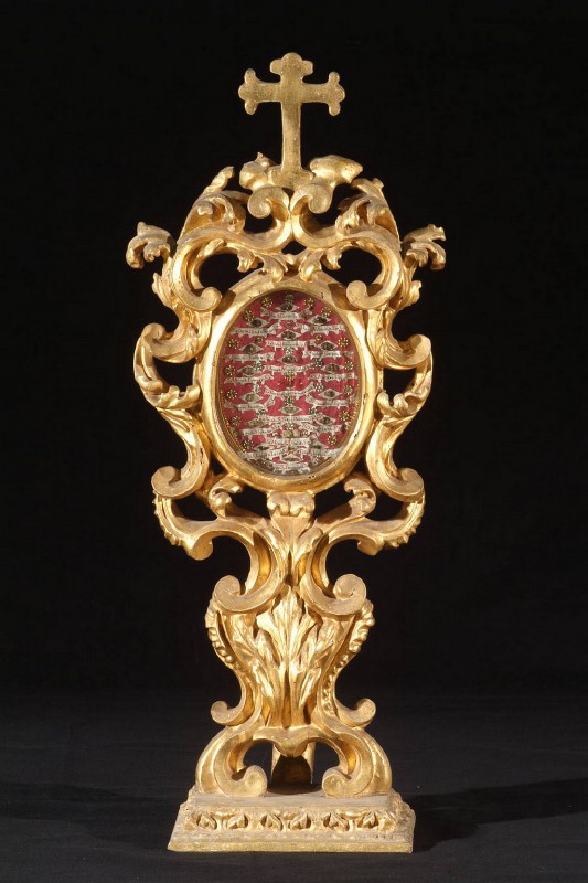 Bott. laziale (1833 circa), Reliquiario a ostensorio in legno dorato 1/4