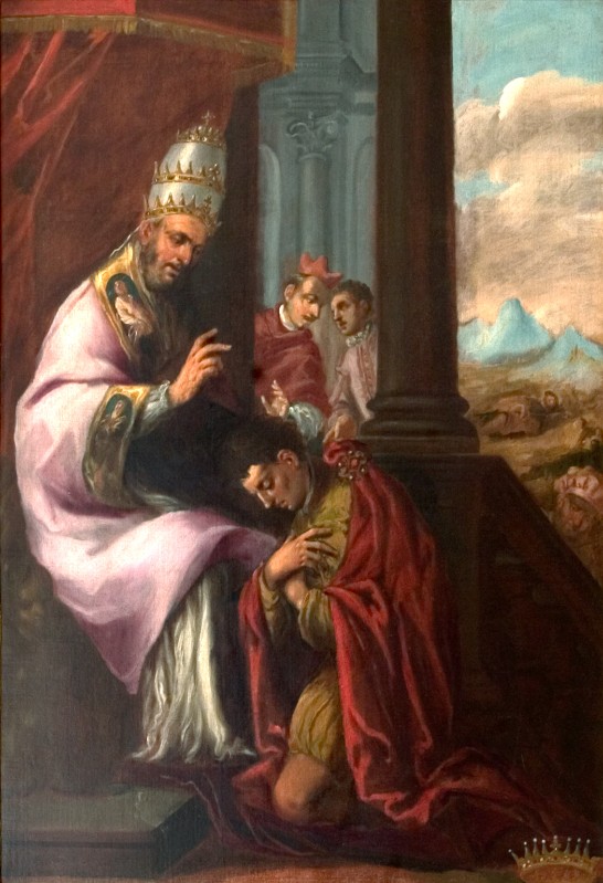Ambito veneto sec. XVIII, Dipinto con Carlomagno prostrato di frone a Leone III
