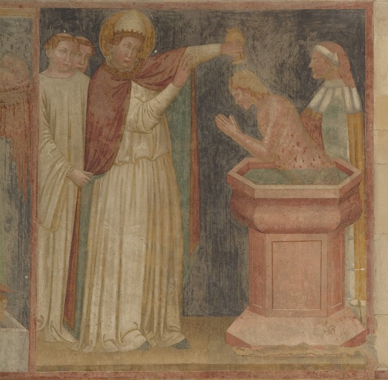 Secondo Maestro di San Zeno sec. XIV, San Silvestro battezza Costantino