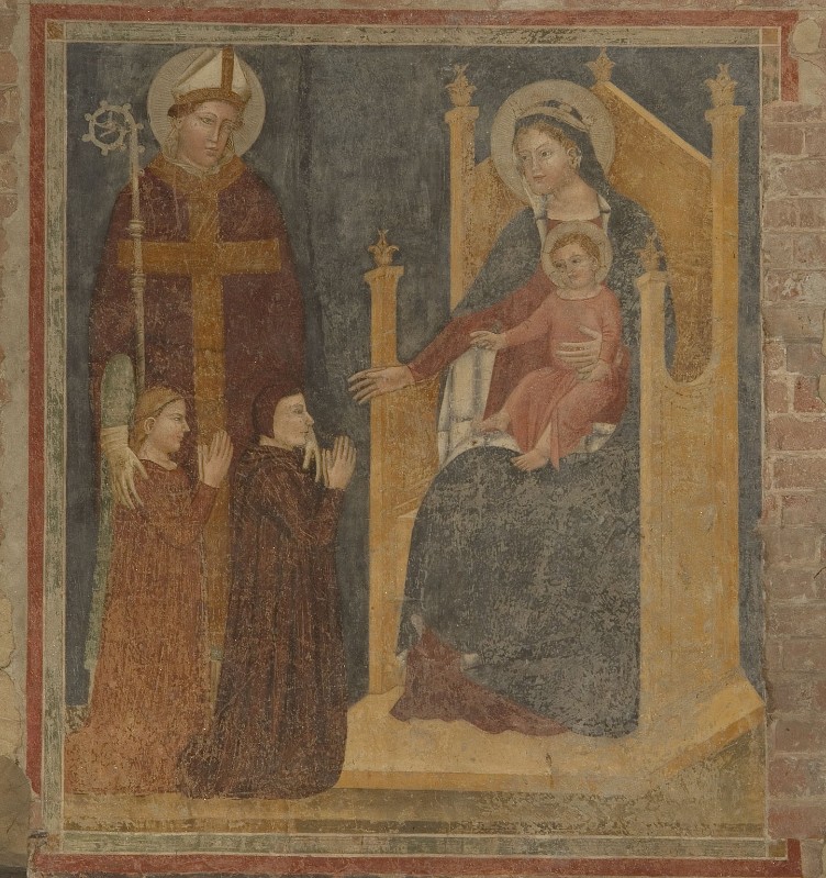 Secondo Maestro di San Zeno sec. XIV, Madonna in trono San Zeno e due devoti
