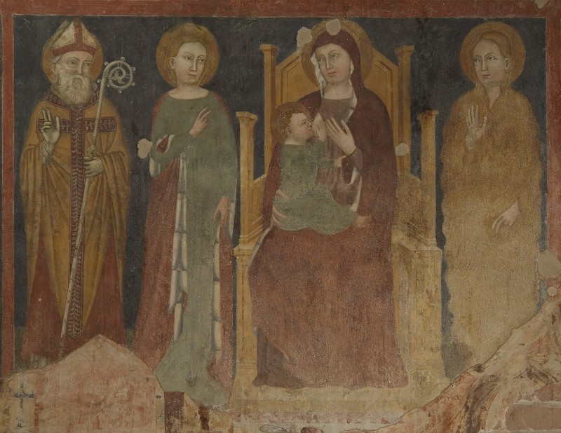 Secondo Maestro di San Zeno sec. XIV, Madonna con Gesù Bambino vescovo e sante
