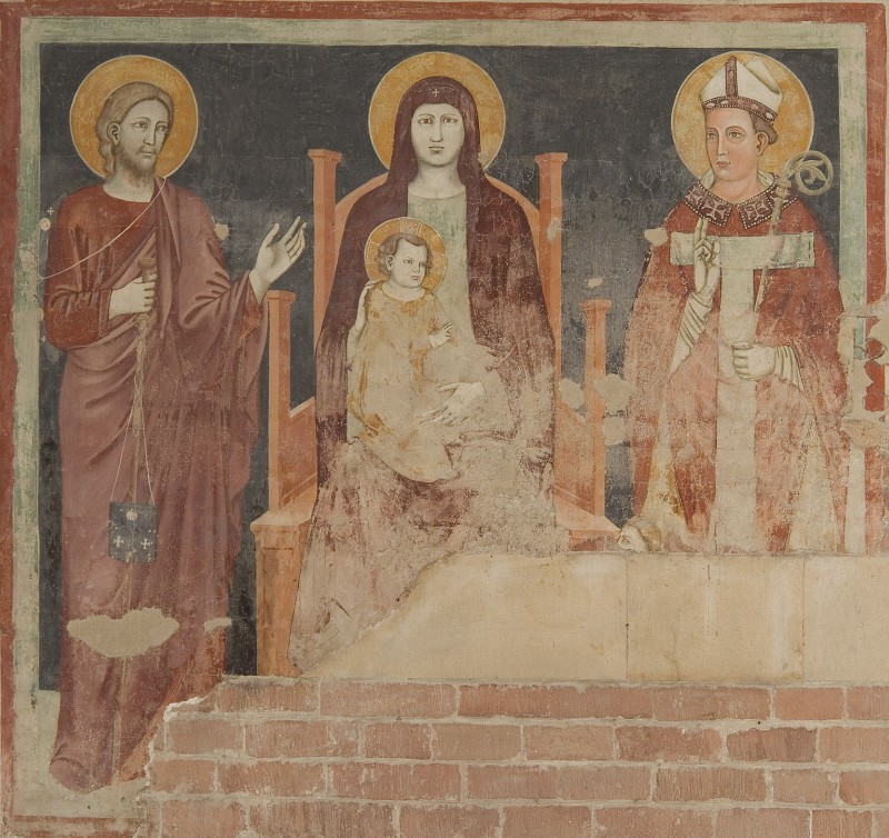 Secondo Maestro di San Zeno sec. XIV, Madonna in trono San Giacomo e San Zeno