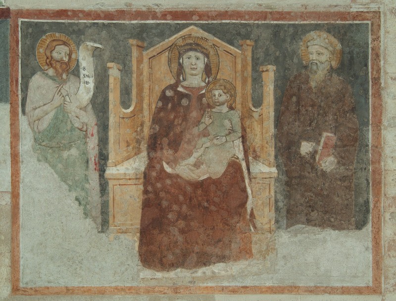 Ambito Italia sett. sec. XIV, Madonna con Gesù Bambino in trono tra due santi