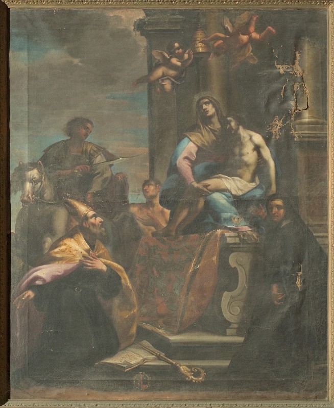 Ambito veneto sec. XVIII, Pietà con San Martino Santa Scolastica e santo vescovo