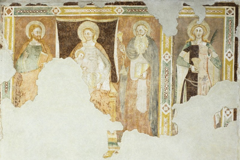 Ambito veneto sec. XIV, Affresco con Madonna in trono con Bambino e Santa Giulia