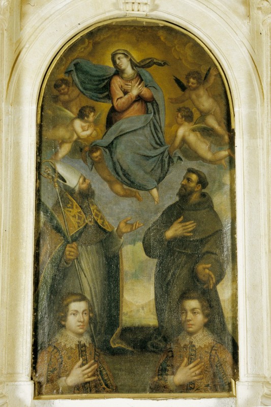 Ambito veneto sec. XVII, Pala con la Madonna assunta e due giovani Pisani