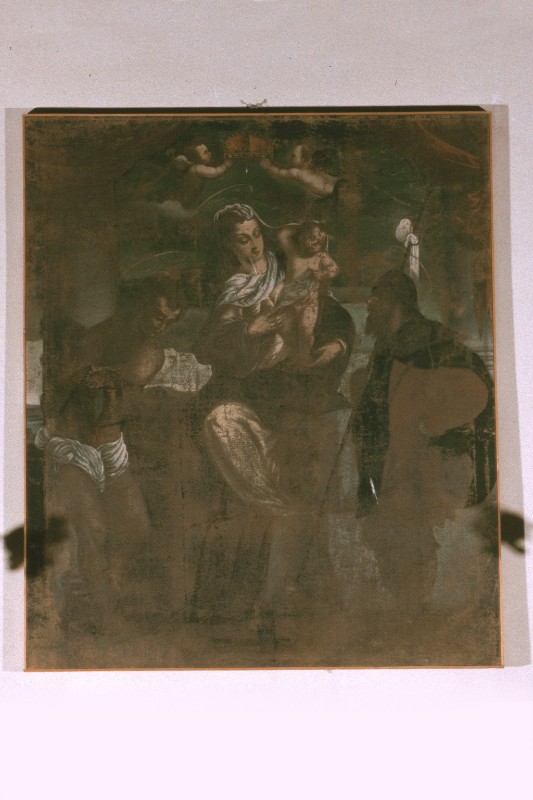 Scuola del Da Ponte sec. XVI, Madonna incoronata tra i Santi Rocco e Sebastiano