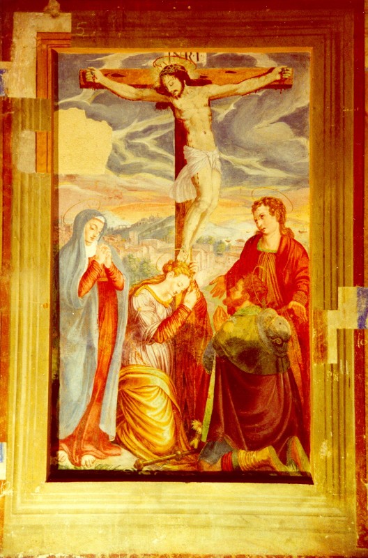Scuola umbra sec. XVI, Crocifissione con San Pellegrino