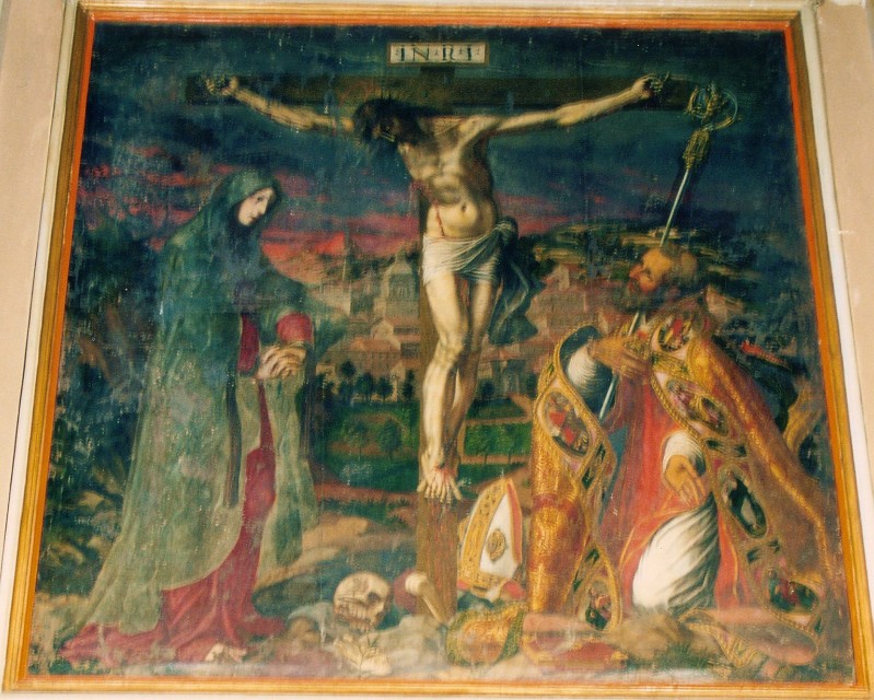 Ambito italiano sec. XVII, Gesù Crocifisso con Madonna Addolorata e San Donato