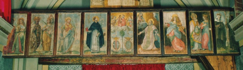 Ambito umbro sec. XVI, Cantoria con figure di santi e stemmi